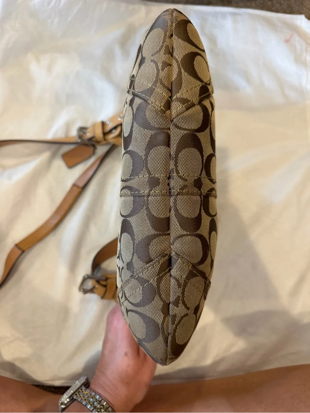 Coach Khaki/Brown Signature Canvas Shoulder Bag with Tan Trim